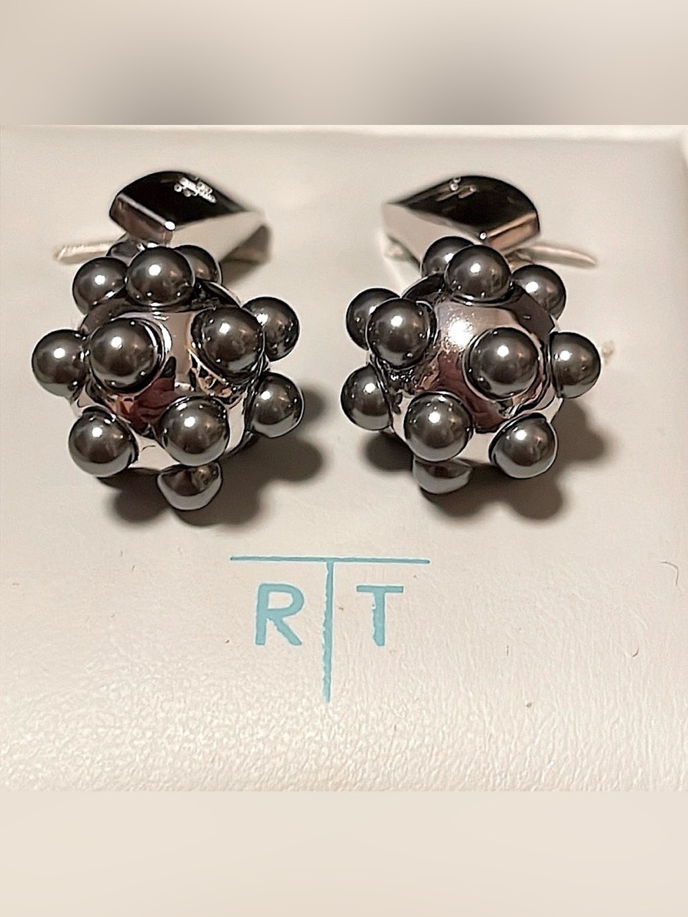 Tateossian Pearl Ball Cufflinks Silver Tone Gray Boxed Designer Luxury Modern